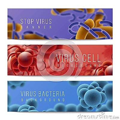 Viruses and bacteria banners. Germs infection and microbiology 3D objects, fever and flu horizontal banners. Vector Vector Illustration