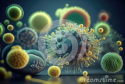 Viruses and bacteria colonies of microorganisms under microscope, abstract background. Generative AI Stock Photo