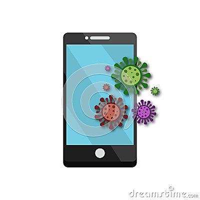 Viruses and bacteria float around a smartphone in a person`s hand. Icon of a new message on the screen. Evil coronavirus smirking Stock Photo
