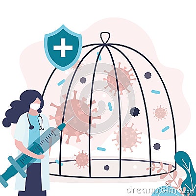 Viruses and bacteria trapped in cage. Doctor controls virus with vaccine. Concept of vaccination and healthcare Vector Illustration