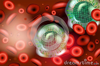 Viruses in blood flow. Red blood cells under microscope. Vector Illustration