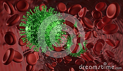 Viruses in blood. Green virus float between red blood cell. Cartoon Illustration