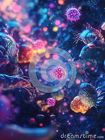 Viruses engaging with host cells in a vibrant microscopic environment during a cellular interaction. Generative AI Stock Photo