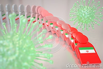 Viruses and falling dominoes with flag of Iran. Coronavirus spread conceptual 3D rendering Stock Photo