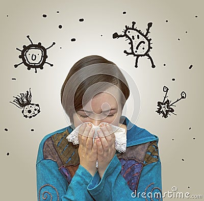 Viruses flying around sneezing women Stock Photo