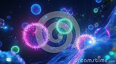 Viruses invading cells with colorful representations showing interactions and cellular response. Generative AI Stock Photo