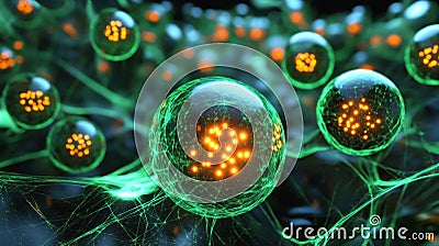 Viruses invading cells with a focus on dynamic interactions and complex structures under magnification. Generative AI Stock Photo