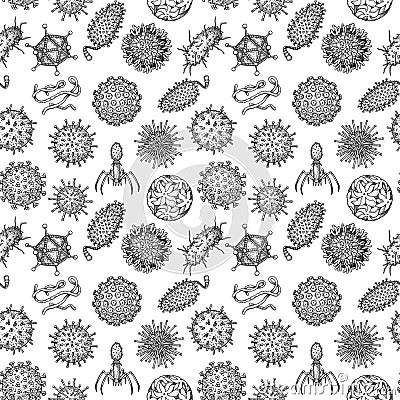 Viruses seamless patten. Scientific hand drawn vector illustration in sketch style. Microscopic microorganisms Vector Illustration