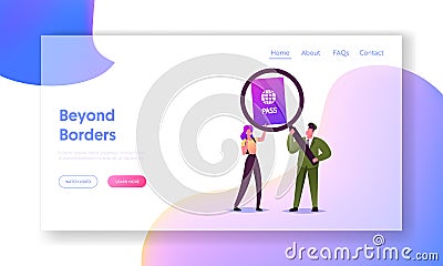 Visa Approval, Traveling Landing Page Template. Military Guard Character Look on Passport of Woman Crossing Border Vector Illustration