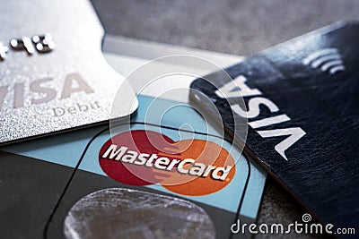 Visa debit cards and master credit card. Editorial Stock Photo