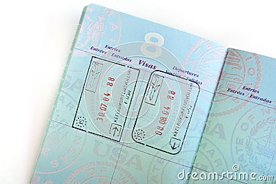 Visa Stamps in American Passport Stock Photo