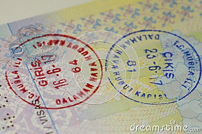 Visa stamps on the page of the Ukrainian passport. Stock Photo