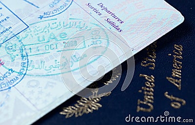 Visa stamps in US passport Stock Photo