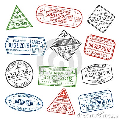 Visa travel cachet passport signs or airport stamps with framing country. Vintage international airport stamp and Vector Illustration