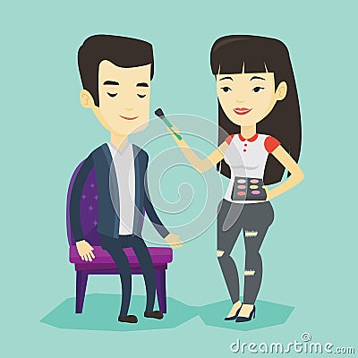 Visagiste doing makeup to young man. Vector Illustration