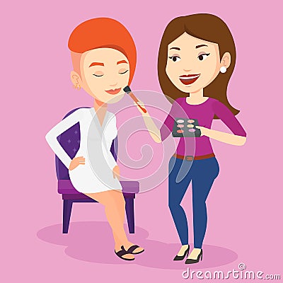 Visagiste doing makeup to young stylish girl. Vector Illustration