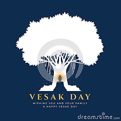 Visak day with Nightly scenery Buddha Meditation under bodhi tree on blue background vector design Vector Illustration