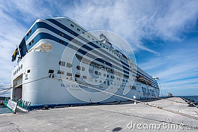 View of the stern side of the Tallink Silja Line cruise ship ferry moored in the port of Visby Gotland. Editorial Stock Photo