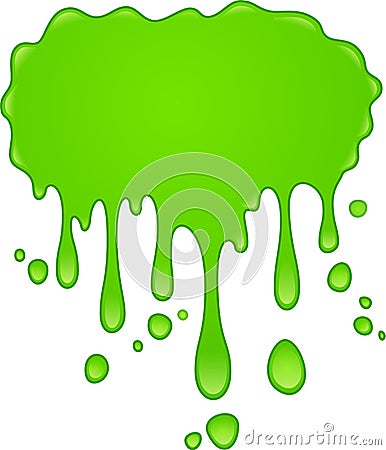 Viscous bright green goo is slowly dripping down, forming drops and blobs of various sizes, creating an abstract Vector Illustration