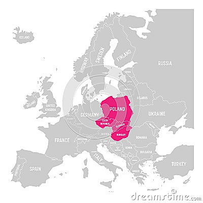 Visegrad Group, aka V4, of four countries Poland, Czech Republic, Slovakia and Hungary pink highlighted in the political Vector Illustration