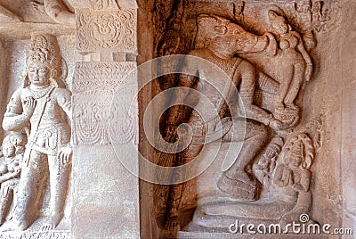 Vishnu as Varaha rescuing Earth as Bhudevi on relief of historical caves in Badami, India Editorial Stock Photo
