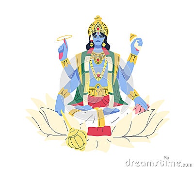 Vishnu, Indian lord of Hinduism. Hari god of ancient India. Hindu deity sitting on lotus flower, holding attributes Vector Illustration