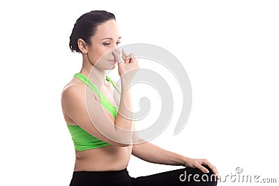 Vishnu Mudra in hatha yoga Alternate Nostril Breathing Stock Photo