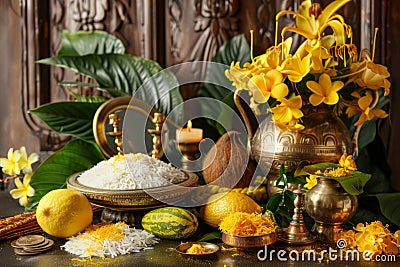 Vishu holiday concept - The traditional Vishukkani setup Stock Photo