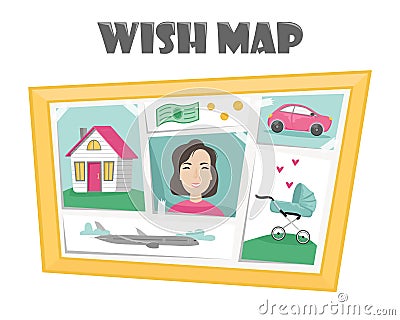 Vision board with pictures depicting dreams and desires. Marathon desires. Flat vector illustration Vector Illustration