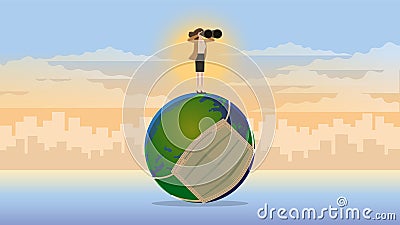 A vision businesswoman uses binoculars in the bad world Vector Illustration