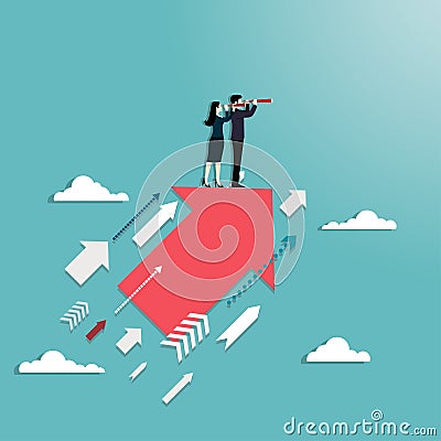 Vision concept of business people and telescope on arrow Vector Illustration
