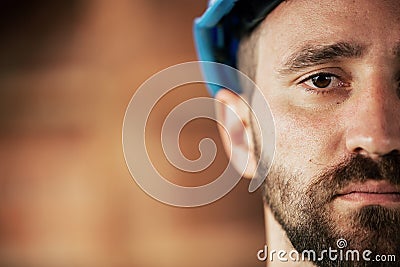 Vision, face and construction worker with innovation, target and goal at building. Mockup portrait, worker and Stock Photo