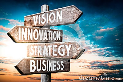 Vision, innovation, strategy, business - wooden signpost, roadsign with four arrows Stock Photo