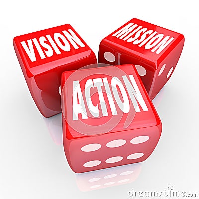 Vision Mission Action Three Red DIce Goal Strategy Stock Photo