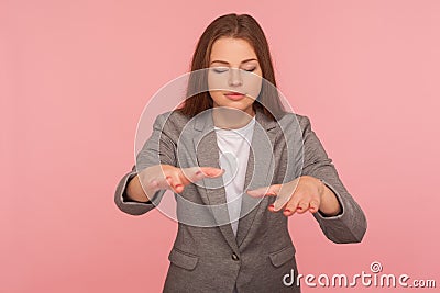 Vision problem. Portrait of lonely disoriented young woman in business suit standing blind with closed eyes Stock Photo