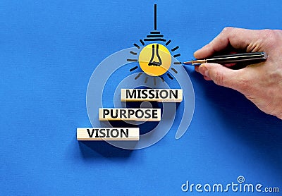 Vision purpose mission symbol. Concept word Vision Purpose Mission on beautiful block. Beautiful blue table blue background. Stock Photo