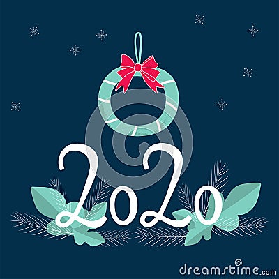 2020 vision. White Numbers 2020 with mint leaves, christmas wreath Cartoon Illustration