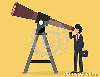 Visionary to discover opportunity. smart businessman look through big telescope Vector Illustration