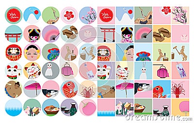 Visit japan circle square card set Vector Illustration