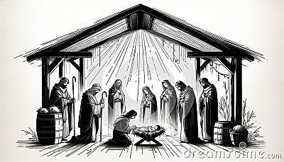 The Visit of the Shepherds. Life of Christ. Black and white Line Art Biblical Illustration Stock Photo