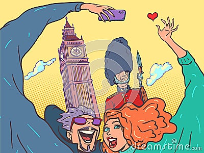 Visit the sights of England. Travel around the world on your honeymoon. A man and a girl are photographed against the Vector Illustration