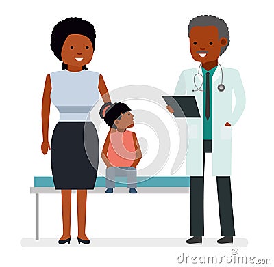 A visit to the doctor. The doctor says the good news the mother of the child girl of a hospital patient. Vector Illustration