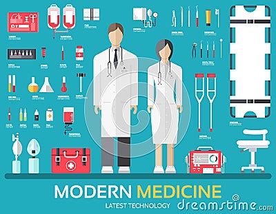 Visit to the doctor. Medicine supplies equipment around medical personnel and staff. Flat health care icons set Vector Illustration