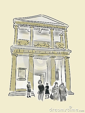 Visit to the Pergamon Museum in Berlin digital sketch. Color illustration Cartoon Illustration