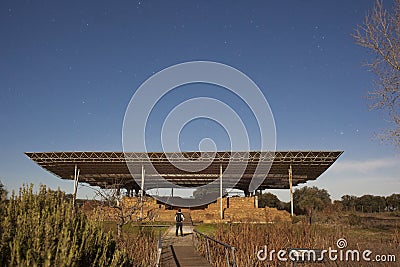 Visiting Cancho Roano at night with moonlight, Zalamea, Badajoz, Spain Editorial Stock Photo