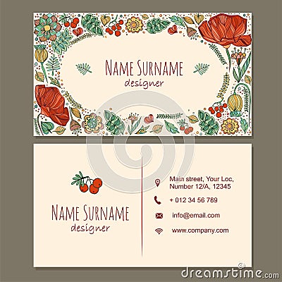 Visiting card. business card with cute hand drawn floral pattern Vector Illustration