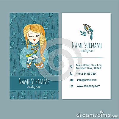 Visiting card businesscard template with cute hand drawn pattern Vector Illustration