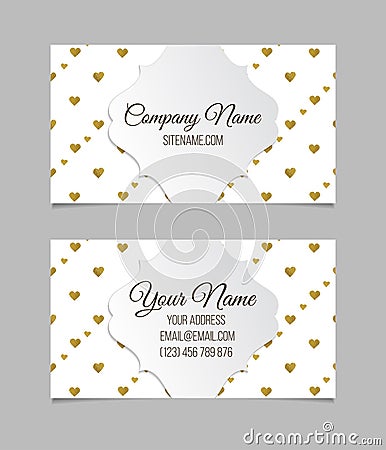 Visiting card with golden foil heart shape design. Vector Illustration