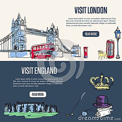 Visiting England and London Touristic Web Banners Vector Illustration