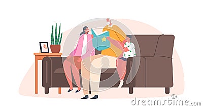 Visiting Grandparent, Happy Family. Grandpa Reading Book to Grandchildren. Little Kids Spend Time with Grandfather Vector Illustration